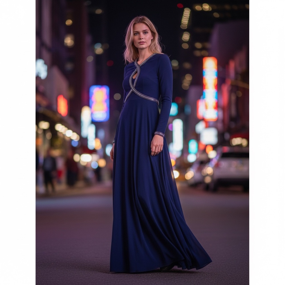 Victoria Royal Ltd Midnight Blue Long Sleeve Vintage Dress